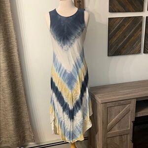 CHARLIE B Asymmetrical Tie-Dye Dress in Blue, Yellow, and White